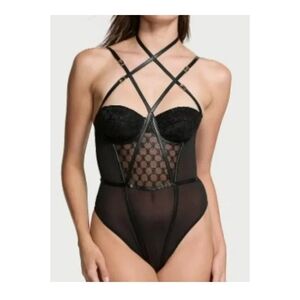 NWOT VS Very Sexy VS Logo Embroidered Balconette Bodysuit with Faux Leather Trim